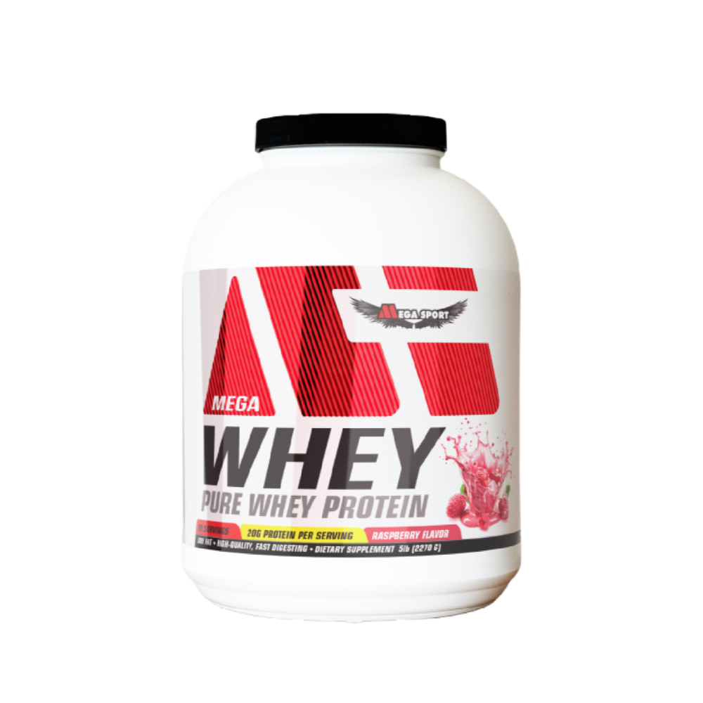 MegaSport Mega Whey pure whey protein powder container raspberry flavor 5lb dietary supplement