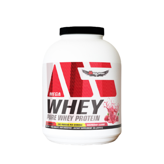 MegaSport Mega Whey pure whey protein powder container raspberry flavor 5lb dietary supplement