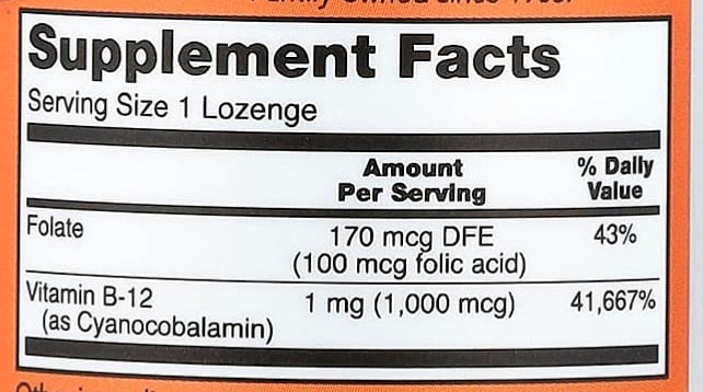 Supplement facts label showing Folate 170 mcg (43% DV) and Vitamin B-12 1 mg (41667% DV) per lozenge