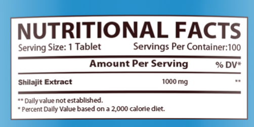 Nutritional facts label showing Shilajit Extract 1000 mg per tablet, 100 servings per container