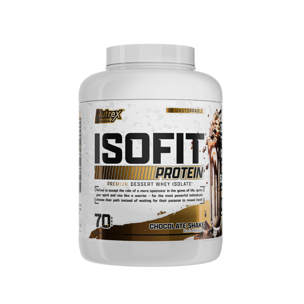 Nutrex ISOFIT Protein premium dessert whey isolate chocolate shake supplement container