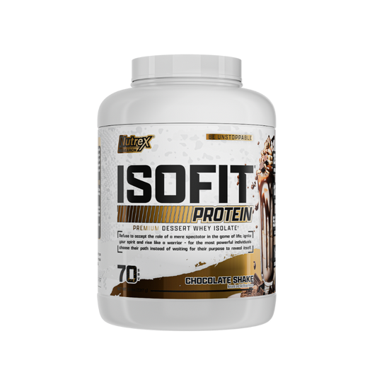 Nutrex ISOFIT Protein premium dessert whey isolate chocolate shake supplement container