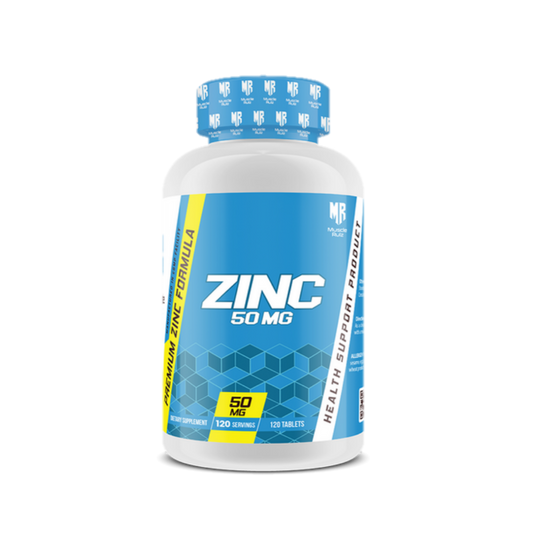 Bottle of Muscle Rulez Zinc 50mg dietary supplement with 120 tablets and health support label