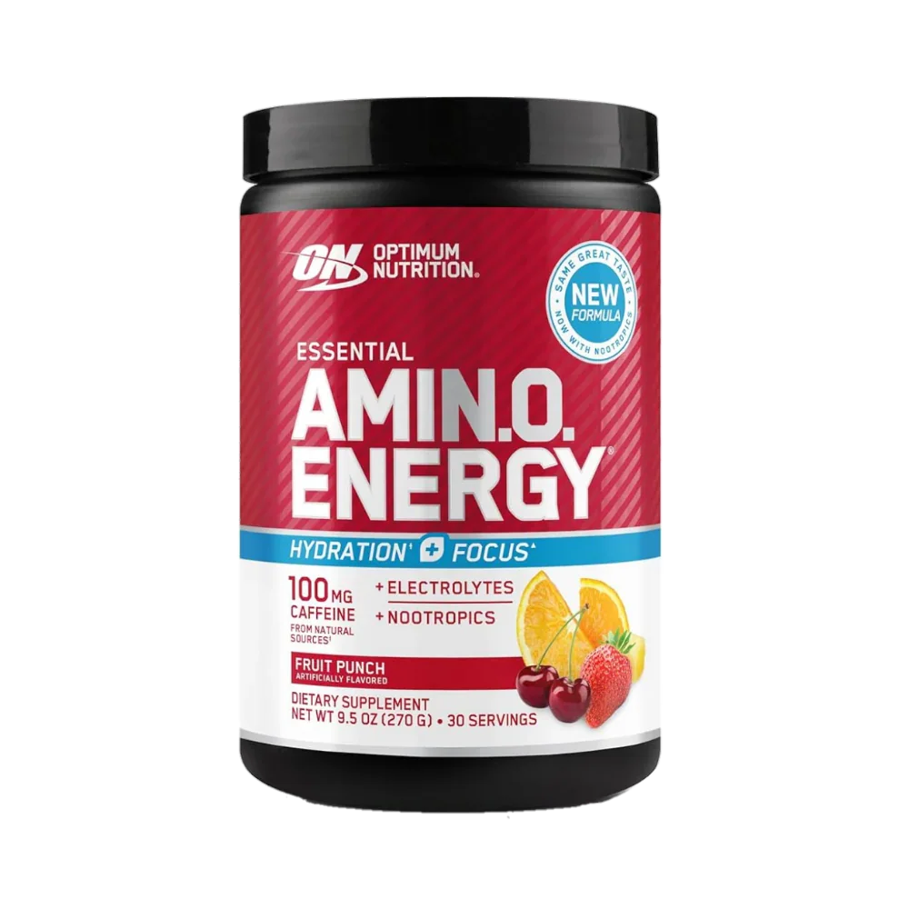 Optimum Nutrition Essential Amino Energy fruit punch dietary supplement with caffeine, electrolytes, and nootropics