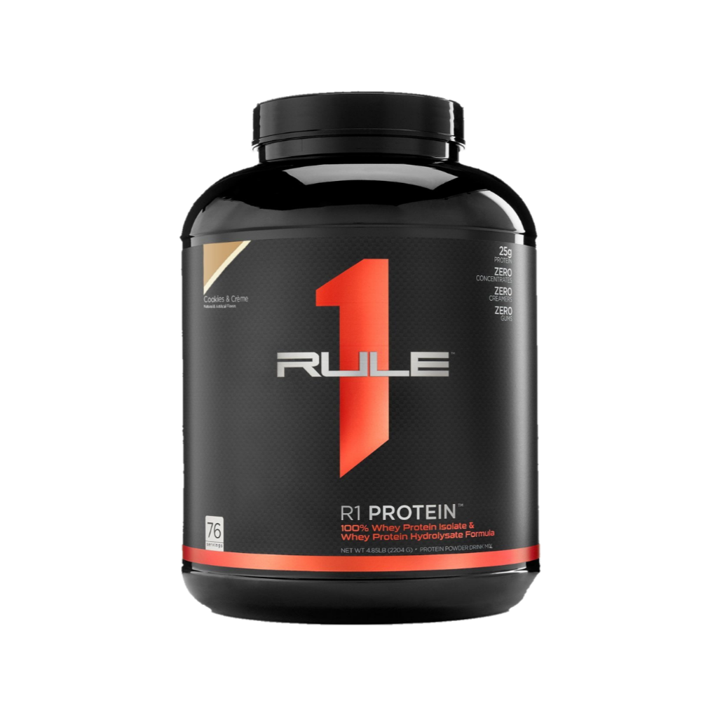 Black container of Rule 1 R1 Protein powder, Cookies & Crème flavor, 76 servings, 25g protein per serving