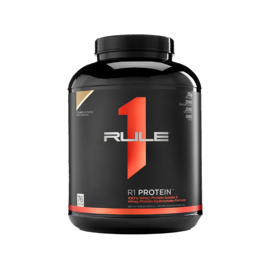 Black container of Rule 1 R1 Protein powder, Cookies & Crème flavor, 76 servings, 25g protein per serving