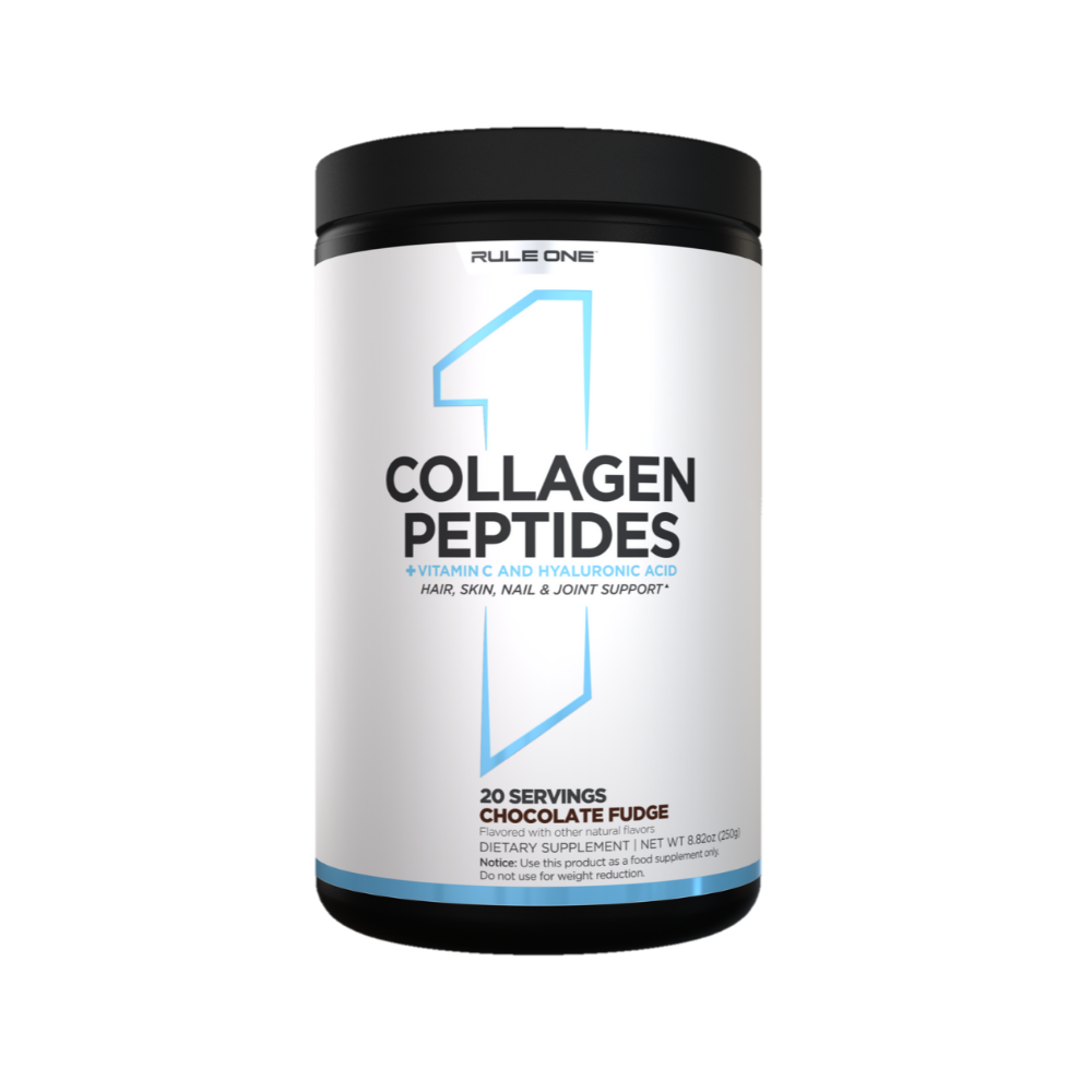 Rule One Collagen Peptides dietary supplement with vitamin C and hyaluronic acid, chocolate fudge flavor