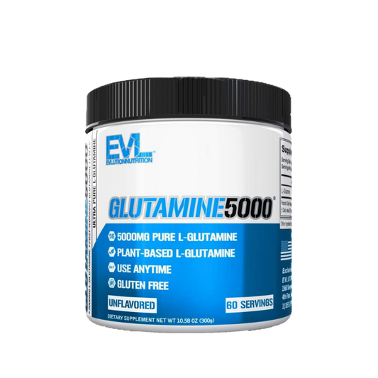 Evlution Nutrition Glutamine 5000 supplement container with 5000mg pure L-glutamine, gluten-free, unflavored