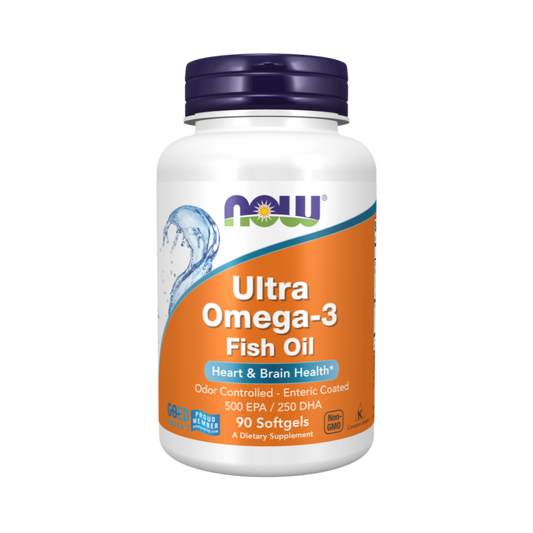 NOW Ultra Omega-3 Fish Oil supplement bottle, 90 softgels, heart and brain health, Lebanon