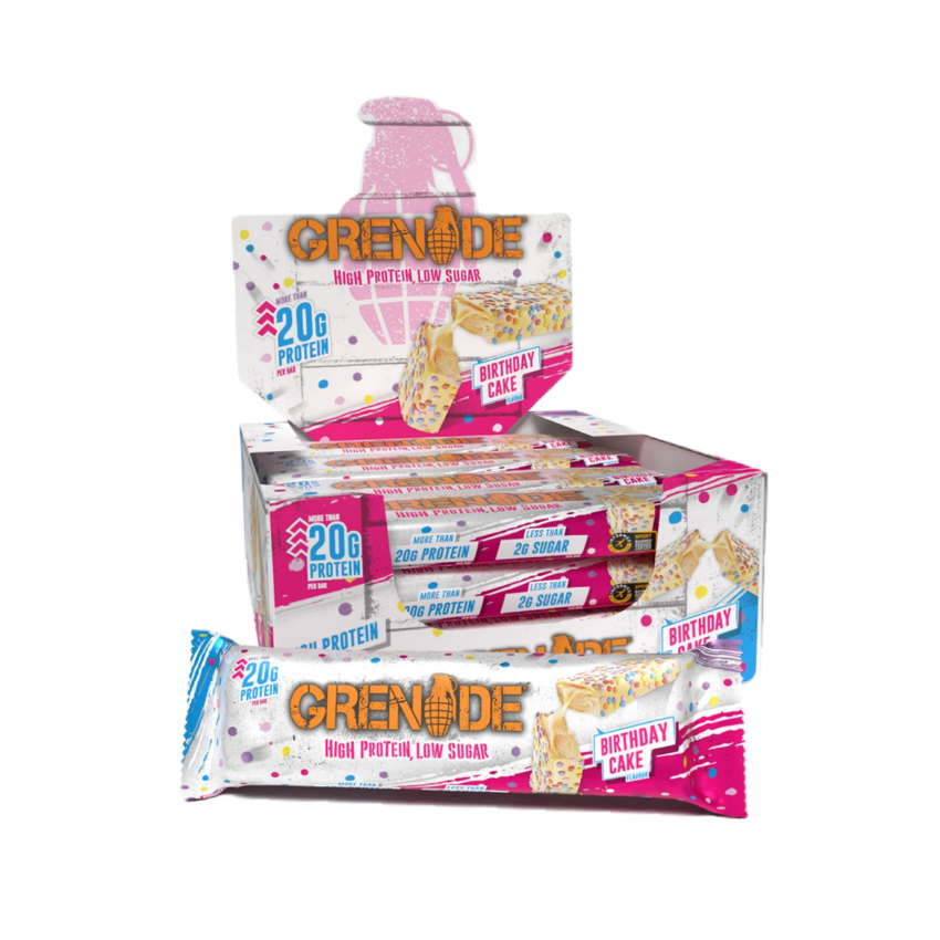 Grenade Birthday Cake protein bars display box with high protein, low sugar nutrition branding