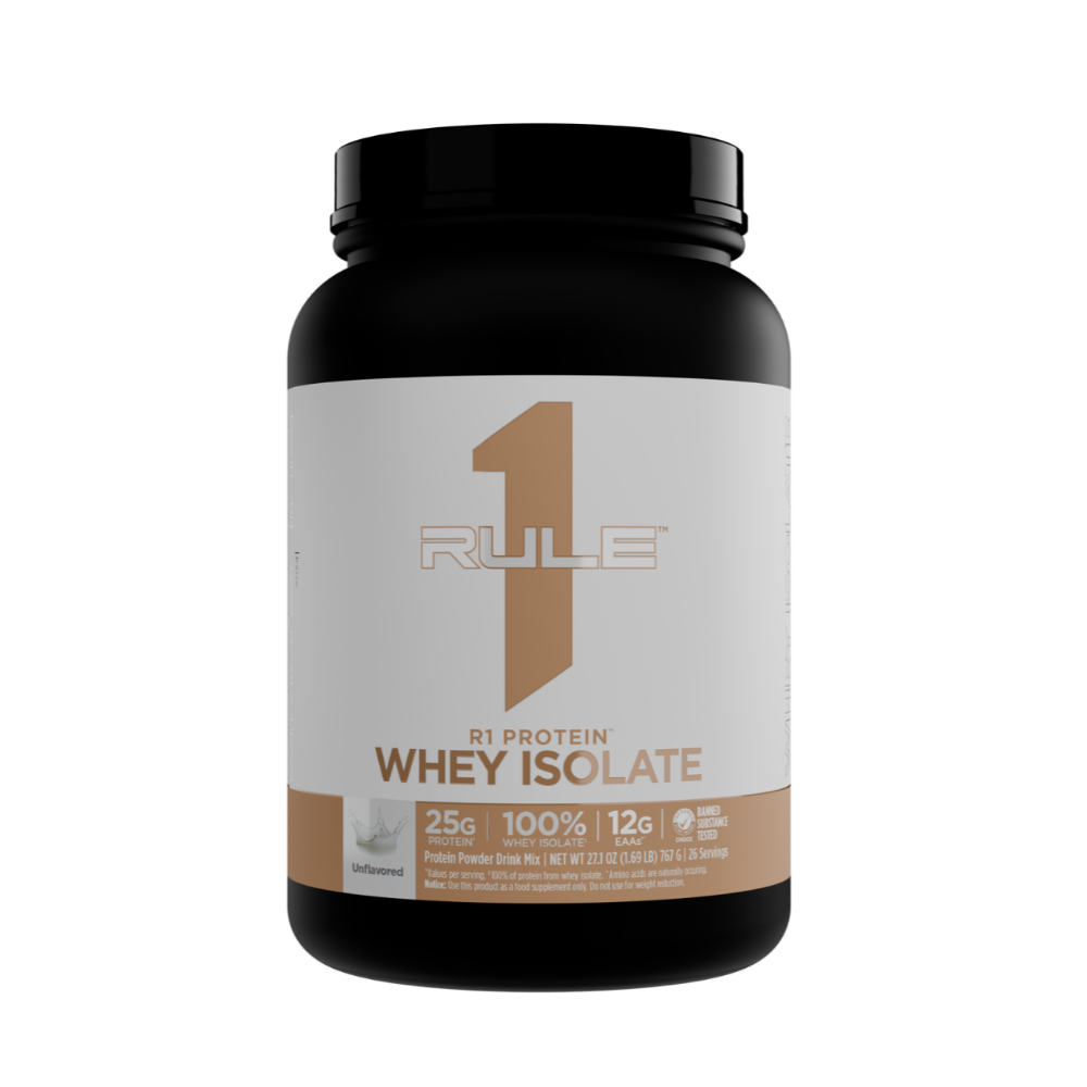 Rule 1 R1 Protein Whey Isolate unflavored powder, 25g protein, 12g EAAs, 28 servings