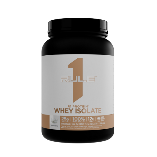 Rule 1 R1 Protein Whey Isolate unflavored powder, 25g protein, 12g EAAs, 28 servings