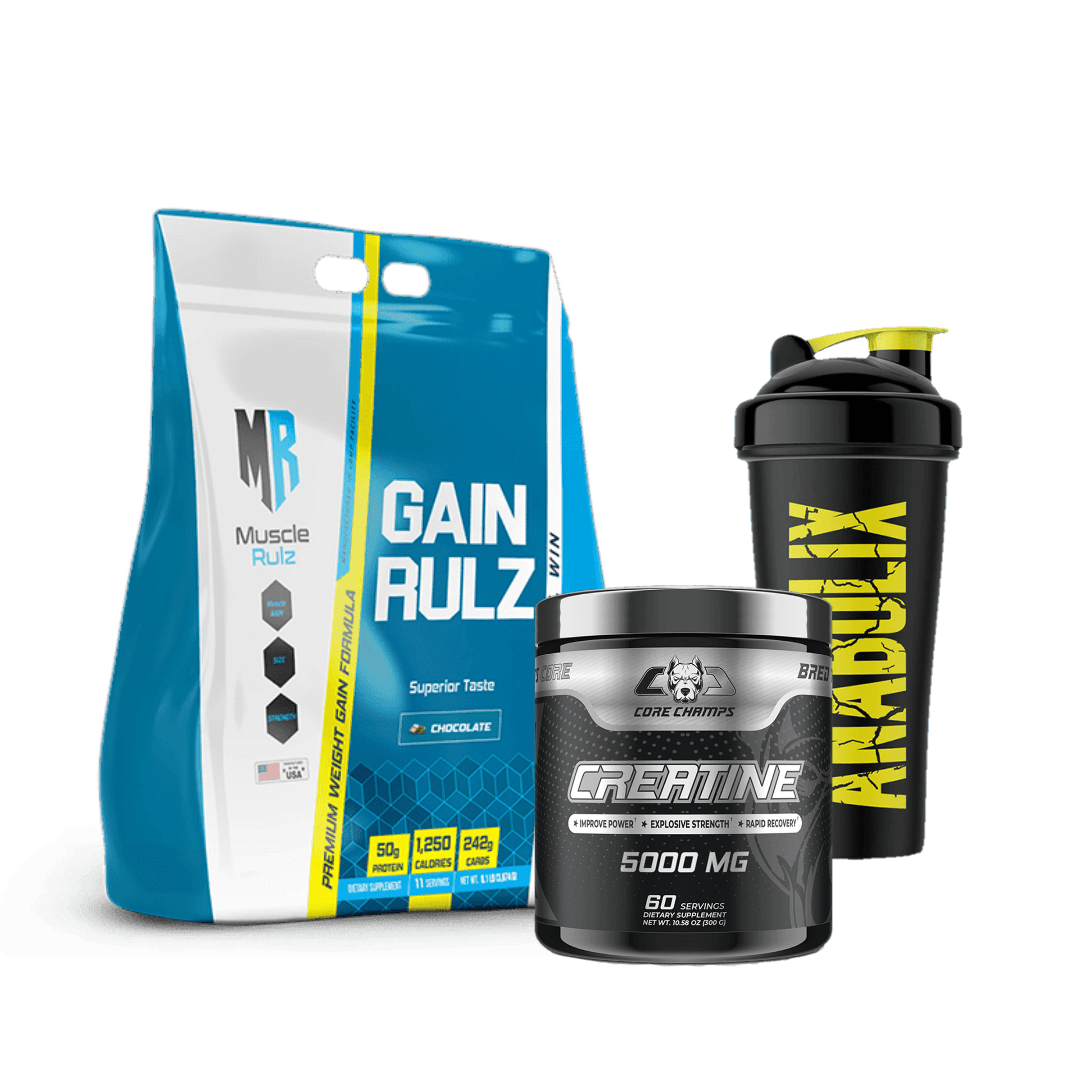 Gainer Rulz + Creatine Core Champs + Shaker - The Supplements Factory