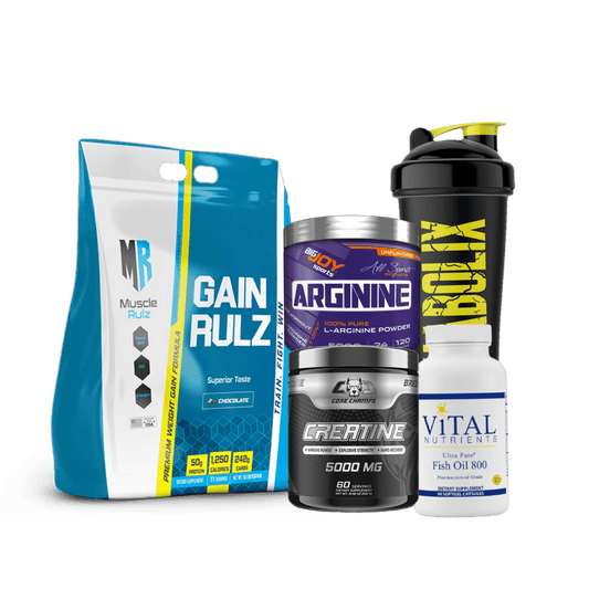 Gainer Rulz + Creatine + Arginine + Fishoil + Shaker - The Supplements Factory